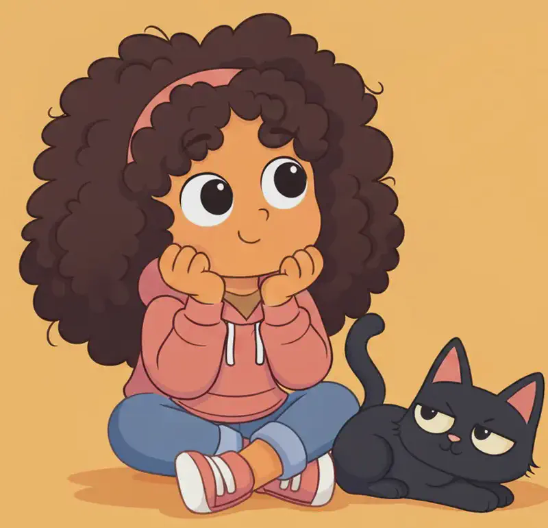 On the left side of the image, Girl sits cross-legged on the ground with her chin resting on both hands, looking slightly upward with a curious, wondering expression. Cat lies curled up beside her like a fuzzy blanket with its tail raised in a curly spiral, gazing up at Girl with half-lidded eyes. The background is a plain warm golden-tan color with no additional setting details, leaving the right side entirely open.