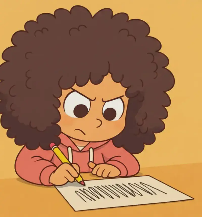 On the left side of the image, Girl is seated at a surface, leaning forward with a pencil gripped in her right hand. In front of her, a sheet of paper shows wobbly, tangled attempts at straight lines. She has a determined expression with a slight frown of concentration, as if telling herself to keep practicing. The background is a plain warm tan/gold color with no additional scene elements, leaving the right side open.