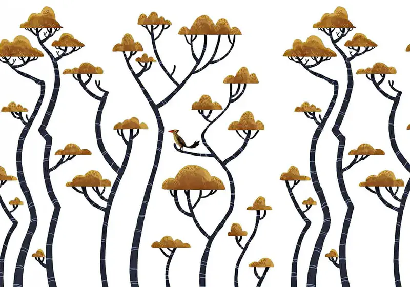 A small brown bird with a red beak perches on a branch among tall African acacia trees with golden umbrella-shaped canopies.