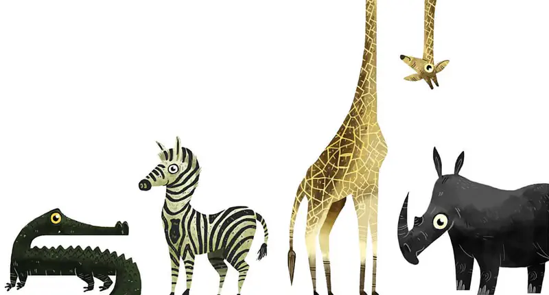 African savanna animals lined up: a green crocodile, black and white zebra, tall golden giraffe with a bird nearby, and a dark gray rhinoceros.