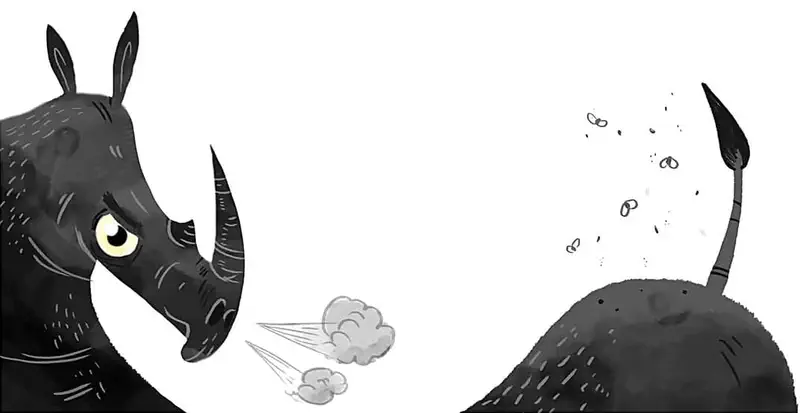 A grumpy gray rhinoceros snorts angrily with puffs of air, flies buzzing around its back and swishing tail.