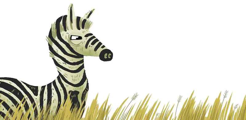 A zebra with black and white stripes stands alone in tall golden savanna grass, looking alert with one eye visible.