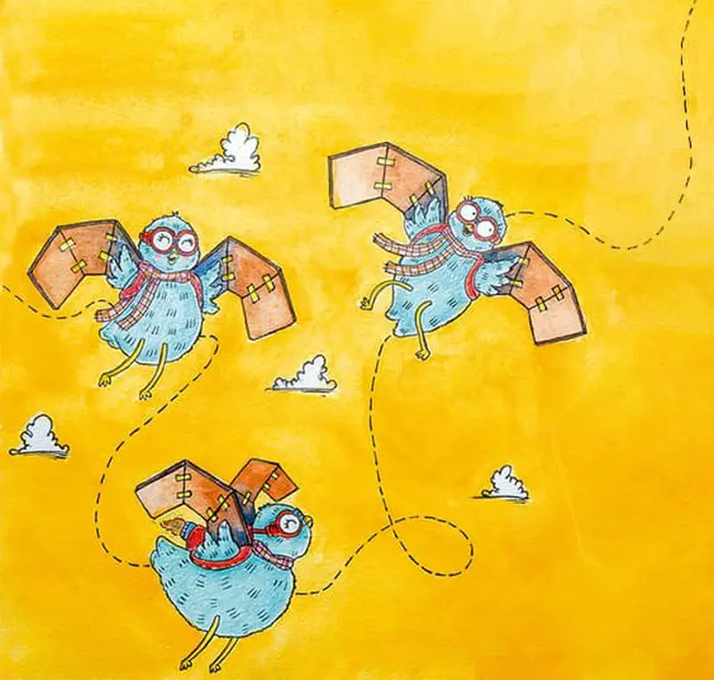 Three blue owls with cardboard wings fly joyfully through a golden yellow sky, leaving dashed trail lines showing their looping flight paths.