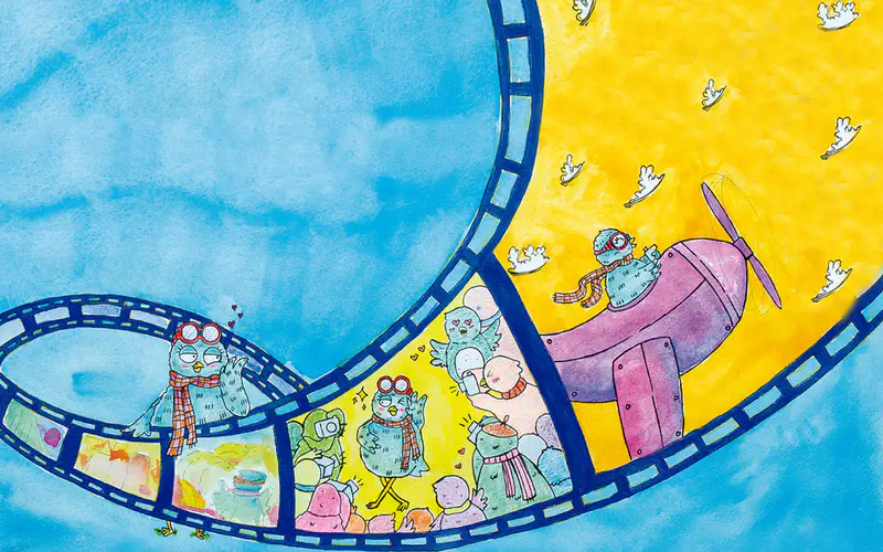 A curved film strip shows the blue owl's dreams: waving with pictures, posing for bird photographers, and flying a pink airplane among white birds.