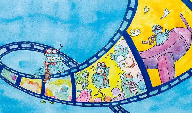 A film strip shows the blue owl's dream of fame: waving to fans, being photographed by other birds with cameras, and flying a pink airplane.