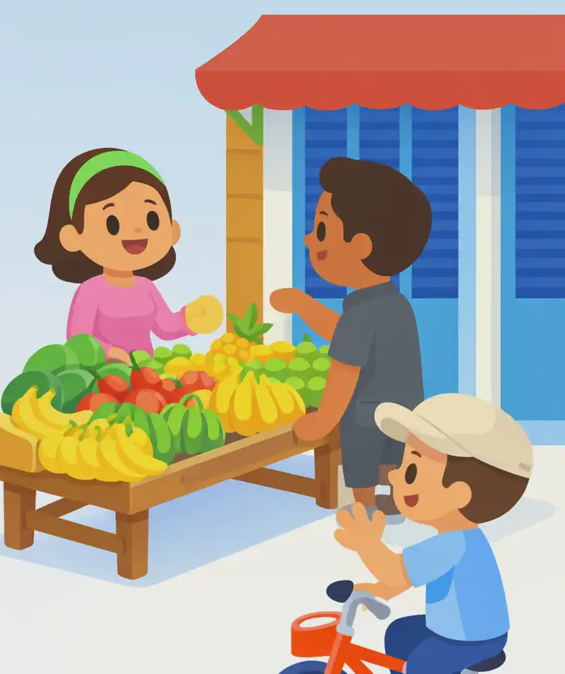On the right side of the image, a woman stands proudly smiling behind a wooden fruit stand loaded with bananas, watermelons, pineapples, and other fresh produce stacked brightly in the sun, set up outside a storefront with a red awning and blue-shuttered windows. A man stands facing her across the stand, reaching for some fruit. In the lower right corner, a young boy on a bicycle looks up toward the stand, one hand raised in a wave as he rides by. The left side of the image is open background, left clear for text.