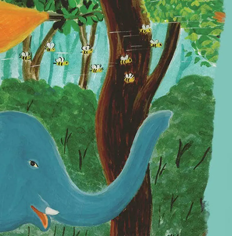 A blue elephant reaching its trunk toward a tree where several bees are flying near an orange honeycomb in a lush green forest.