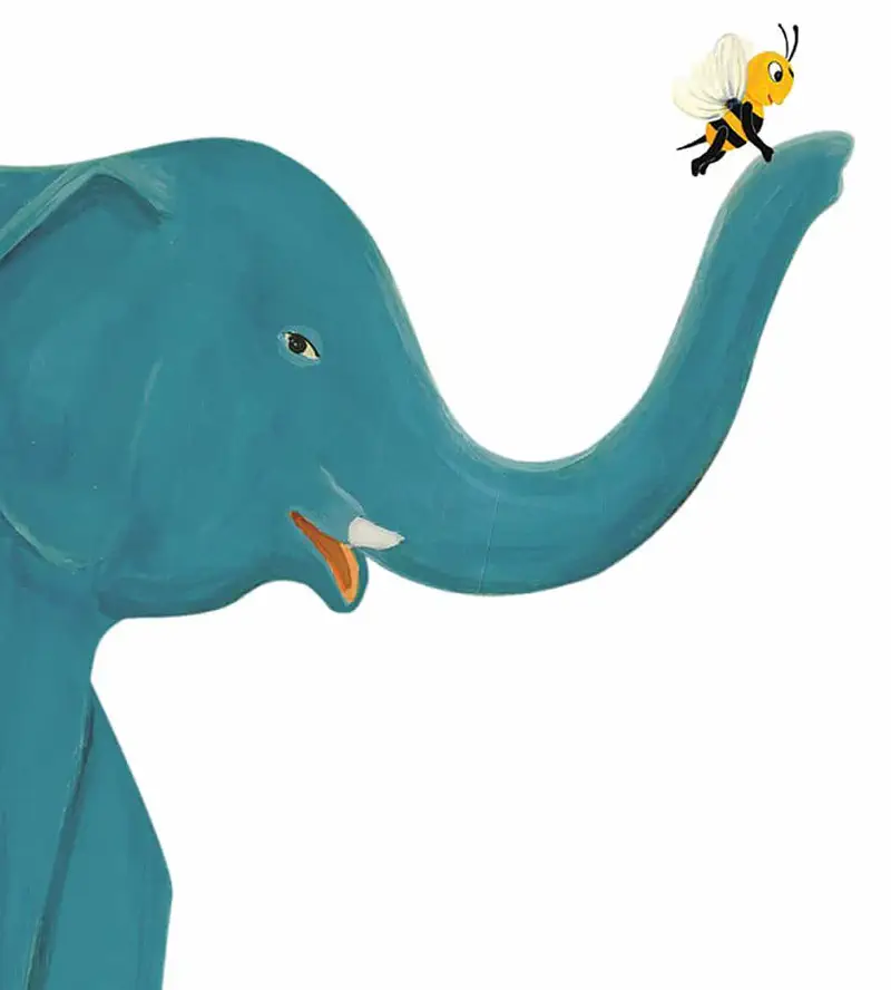 A friendly teal blue elephant with its trunk raised up, carrying a small yellow and black bee on the tip of its trunk.