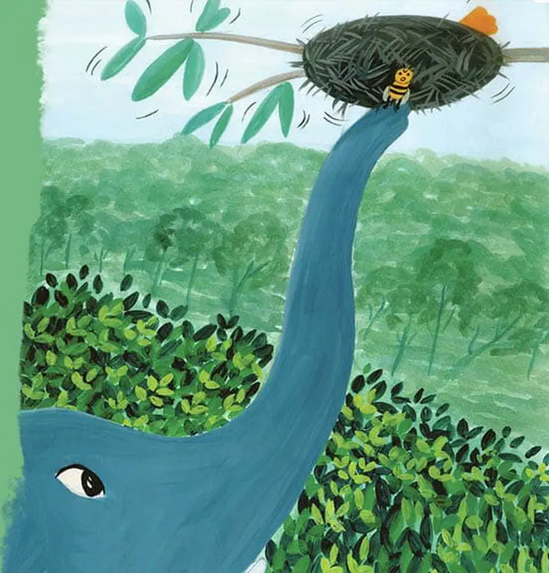 A blue elephant stretching its long trunk up to a bird's nest in a tree where a bee sits, surrounded by green forest foliage.