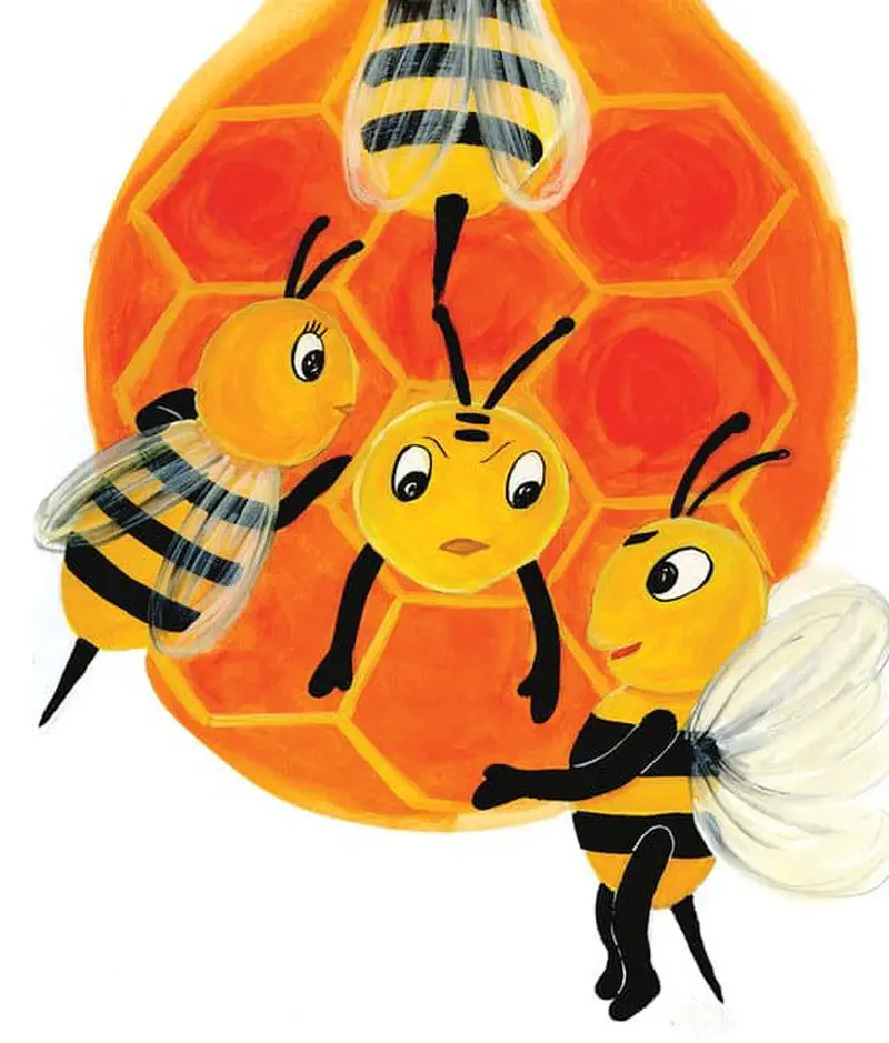 Four cute cartoon bees gathered together in front of their orange honeycomb home, looking happy to be reunited.