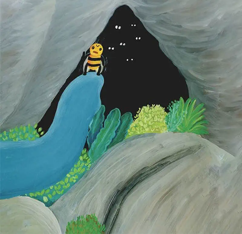 A small bee sitting on a blue elephant's trunk at the entrance of a dark cave, with glowing eyes visible in the darkness.