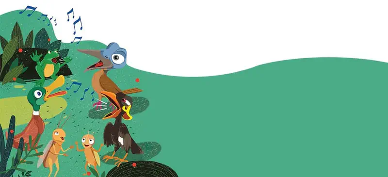 A group of forest animals including a frog, duck, hornbill, kookaburra, and two crickets gathered together singing with music notes floating above them.