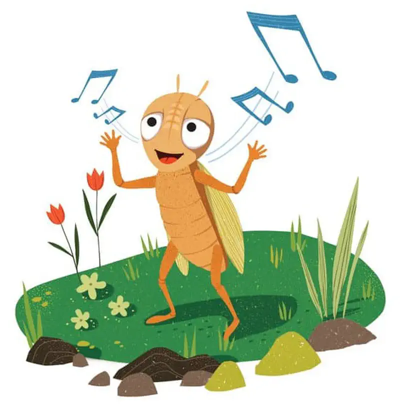 A happy cricket dancing and singing joyfully on a green grassy patch with music notes around it, near red flowers and rocks.