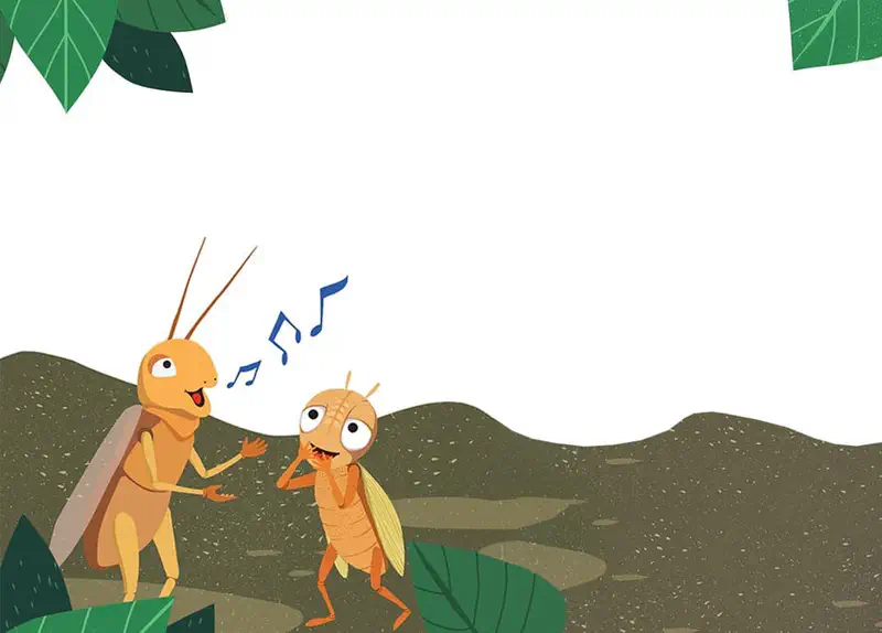 Two crickets singing together with music notes floating between them, standing on dark ground surrounded by large green leaves.