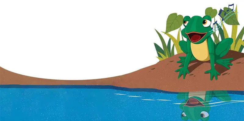 A green frog sitting on a brown riverbank singing happily with music notes above, its reflection visible in the blue water below.