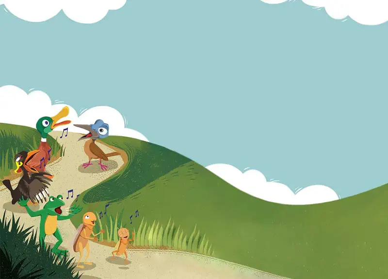 A joyful parade of animals walking along a winding path on green hills, including a frog, crickets, hornbill, kookaburra, and duck, all singing together.