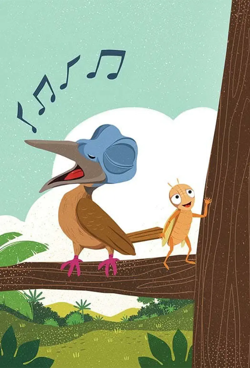 A kookaburra bird with a blue head singing loudly with music notes above while a cricket watches and waves from a tree branch.