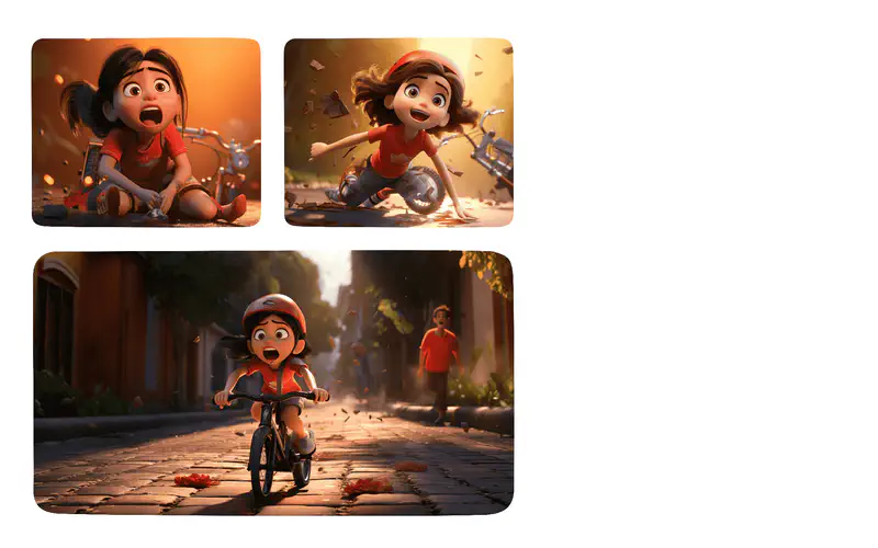 A girl in red falling off her bike, then getting back up determined, and finally riding confidently down a cobblestone street wearing a helmet.