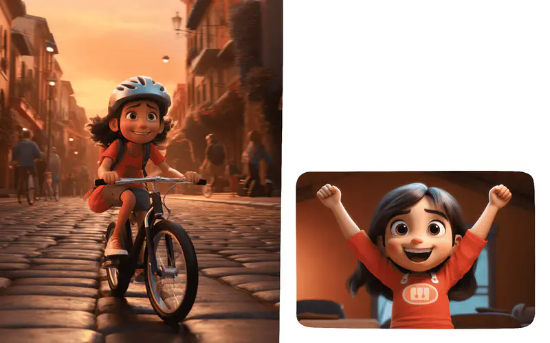 A determined girl riding her bicycle through a sunset-lit city street wearing a helmet, then celebrating with arms raised triumphantly.