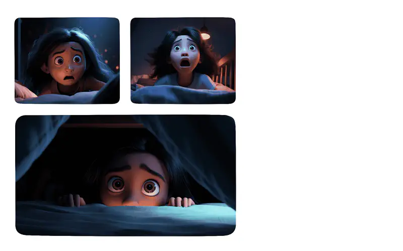 A scared girl in bed at night looking frightened, peeking over her blanket with wide eyes, hiding under the covers in a dark bedroom.