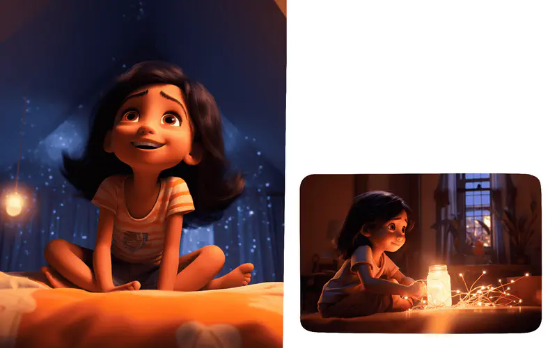 A girl sitting on her bed looking up hopefully at twinkling lights, then gazing at a glowing jar with magical sparkles in her room.