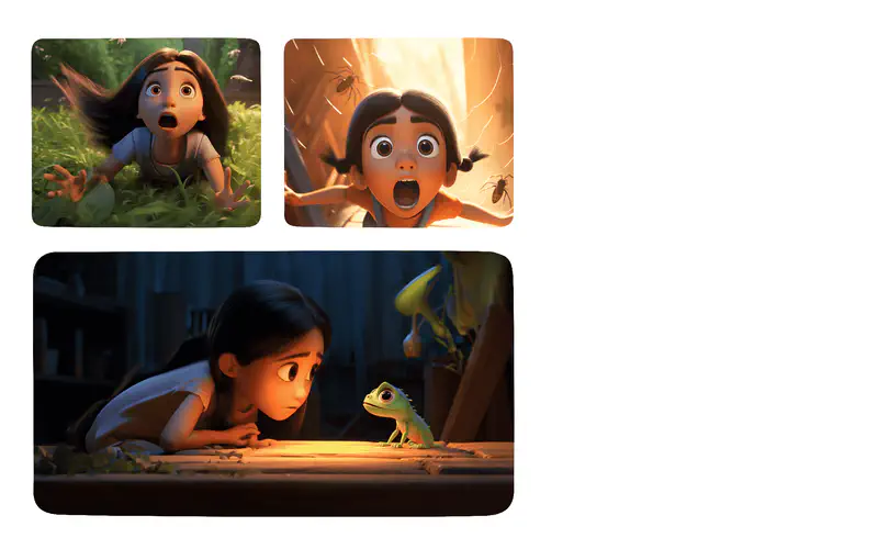 A startled girl encountering bugs in grass, screaming at spiders near a web, then calmly watching a friendly green lizard up close.