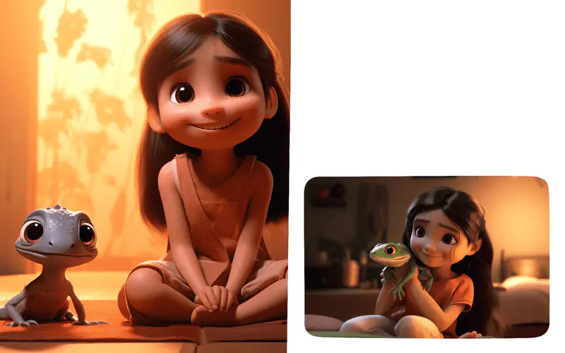 A girl sitting peacefully with a small gecko friend beside her in warm light, then happily holding the green lizard in her hands.