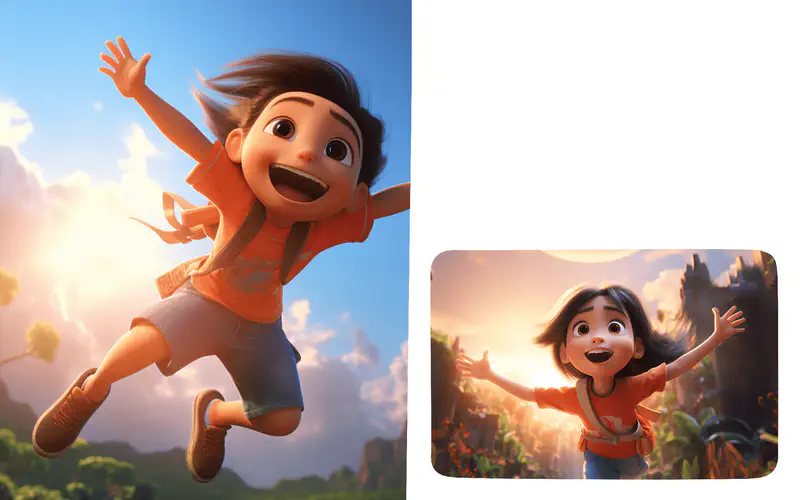 A happy girl jumping high with arms spread wide against a bright blue sky, and waving excitedly at sunset with a big smile.