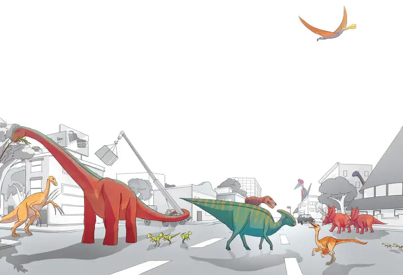 Various colorful dinosaurs walking through a modern city street with buildings, including a large red brachiosaurus, green hadrosaur, and a pterosaur flying overhead.