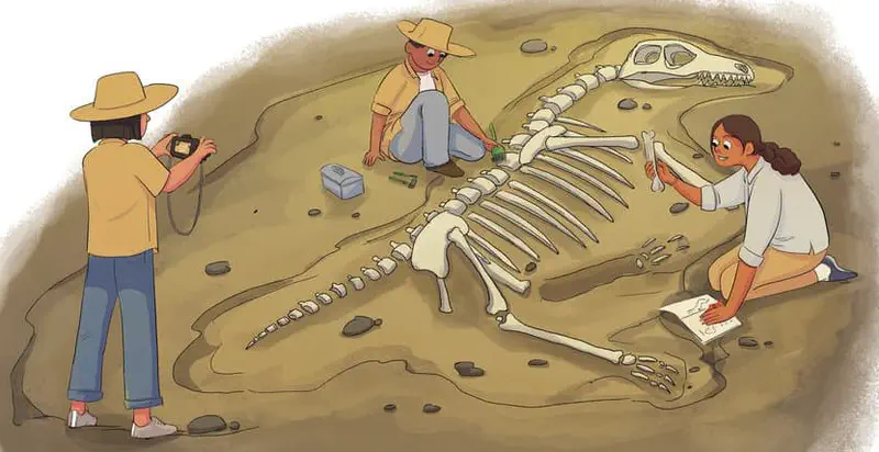 Three paleontologists excavating a dinosaur skeleton fossil at a dig site, with one taking photos, one brushing bones, and one making notes.