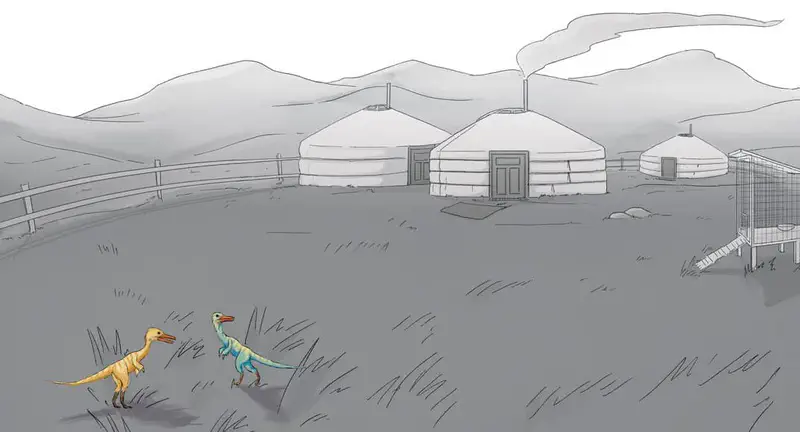 Two small colorful dinosaurs walking near traditional yurt tents on a gray steppe landscape with mountains in the background.