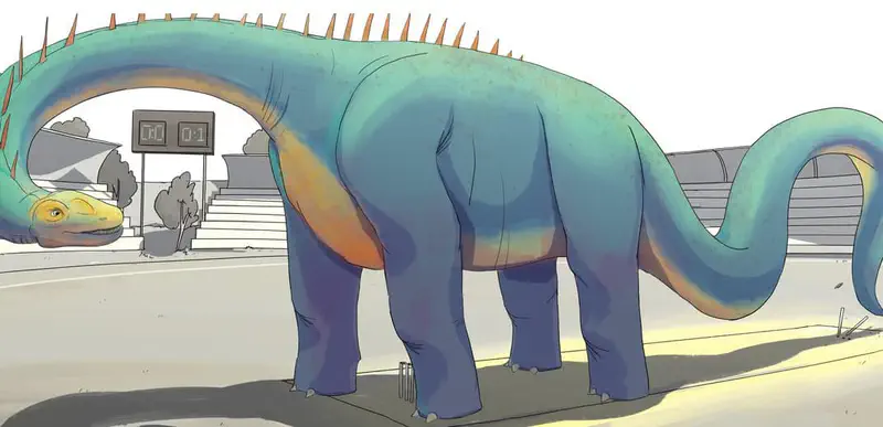 A massive blue-green dinosaur with spines standing in a sports stadium, its long neck curving down near bleachers and a scoreboard.