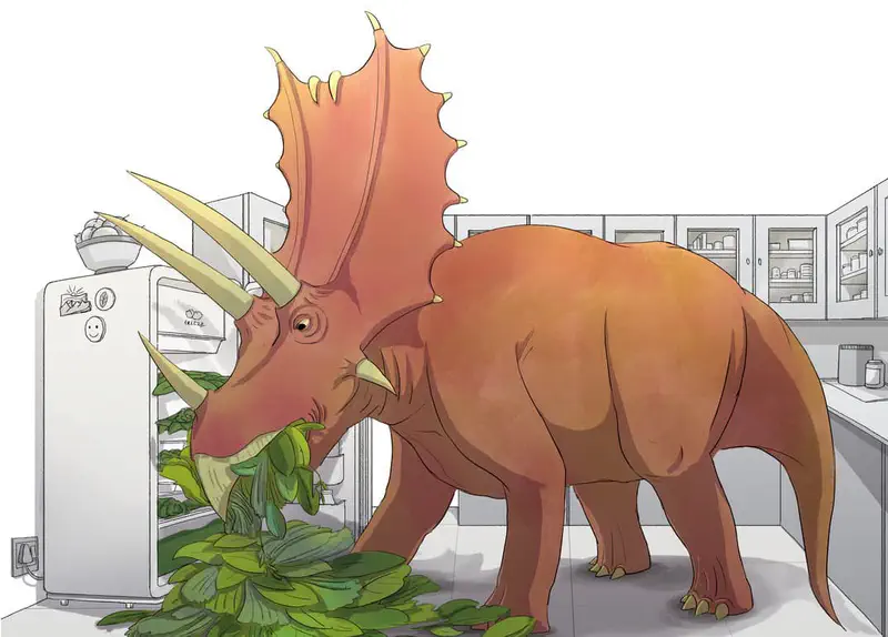 A large orange triceratops eating leafy greens from an open refrigerator in a modern kitchen with gray cabinets.
