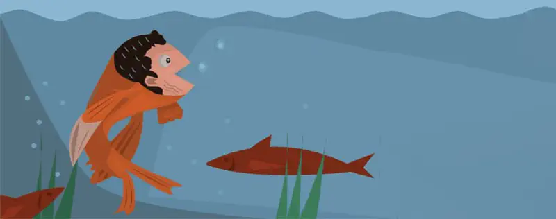 A boy with curly hair imagined as an orange fish swimming underwater, looking at another fish among green seaweed and bubbles.