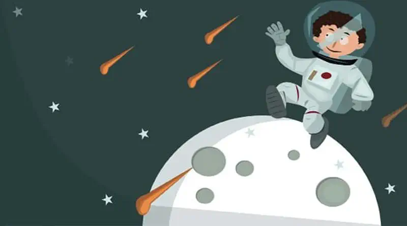 A boy with curly hair as an astronaut in a white spacesuit, waving while floating above the moon with meteors in the dark sky.