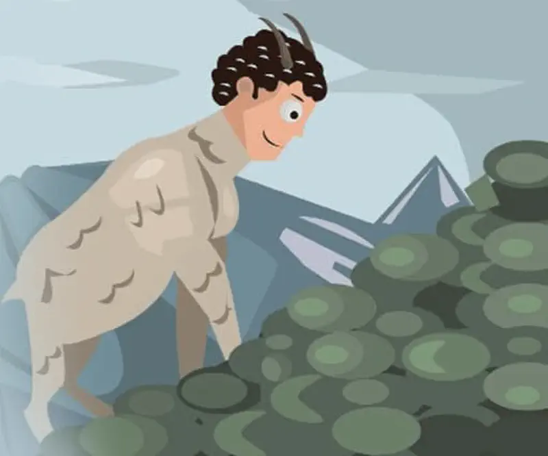 A boy with curly hair dressed in feathery owl costume, perched on a rock looking at mountains, surrounded by green round plants.