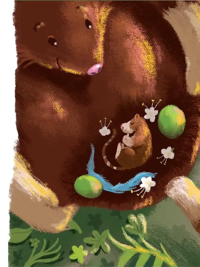 Mother tree kangaroo cuddles her joey in her pouch surrounded by white flowers, green fruits, and a winding blue stream in the forest.