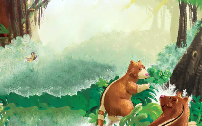 Two tree kangaroos sit in a sunny rainforest clearing with misty green mountains, lush foliage, and a yellow butterfly fluttering past.