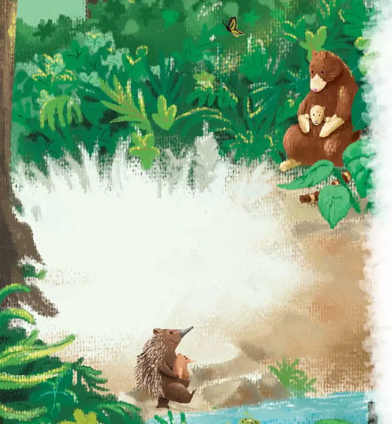 Mother echidna carrying her baby meets a tree kangaroo mother with joey in her pouch in a lush forest with a yellow butterfly above.