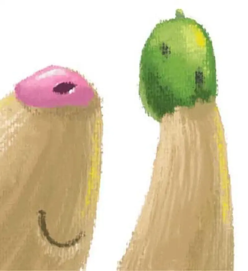 Close-up of two emus with pink and green heads against a pale cream background, one with a slight smile.