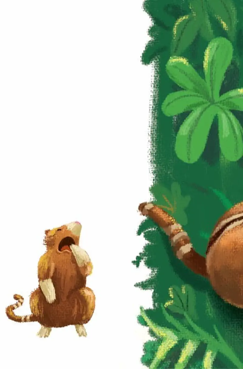 Joey tree kangaroo calls out while another tree kangaroo climbs into dense green foliage on the right side of the image.