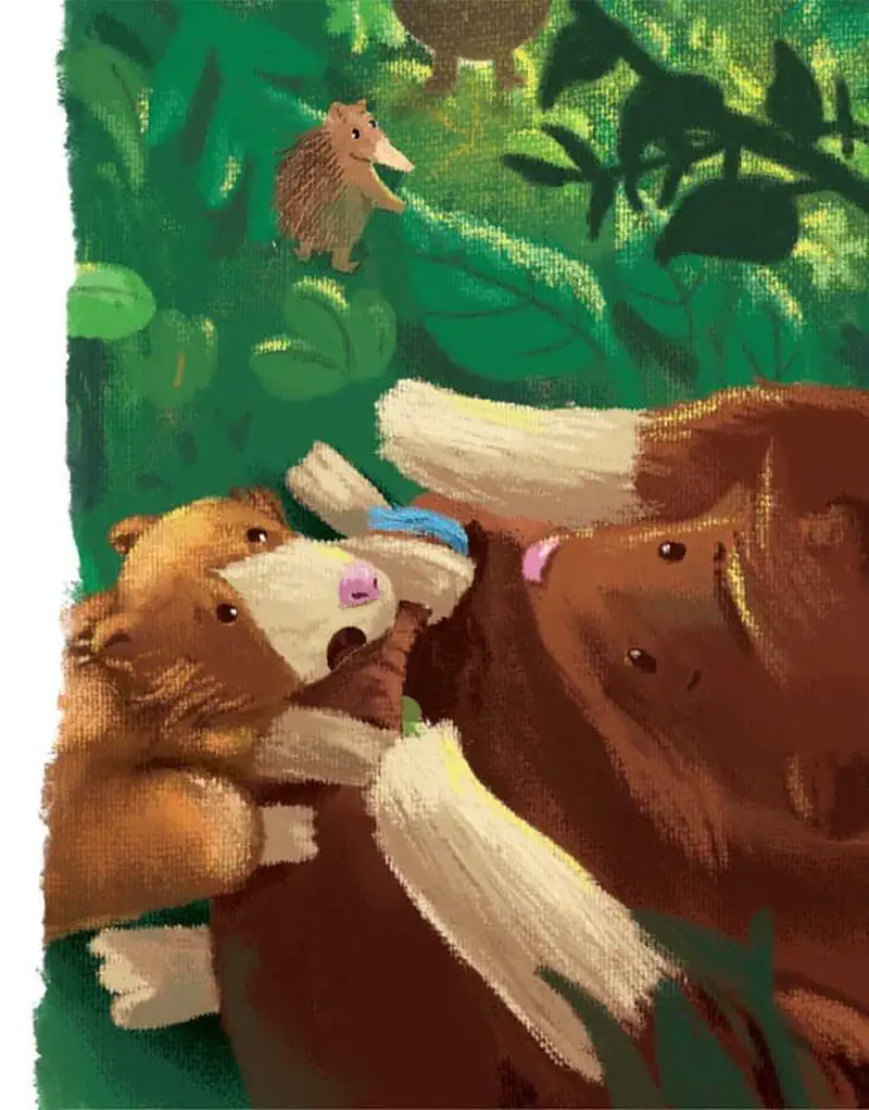 Two adult tree kangaroos nuzzle their joey together while an echidna watches from the leafy green forest background above.