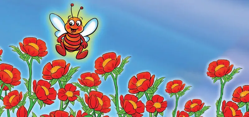 Happy cartoon bee with orange and brown stripes flies above a field of bright red poppies with yellow centers against a blue sky.