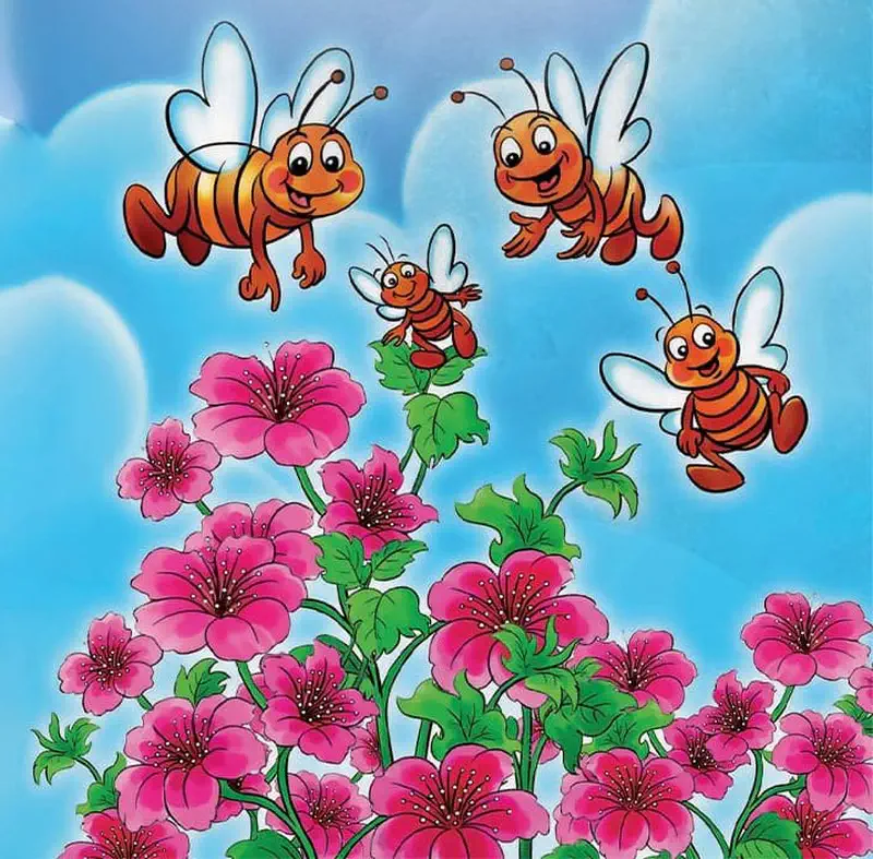 Four cheerful cartoon bees buzz around pink geranium flowers under a cloudy blue sky in the garden.