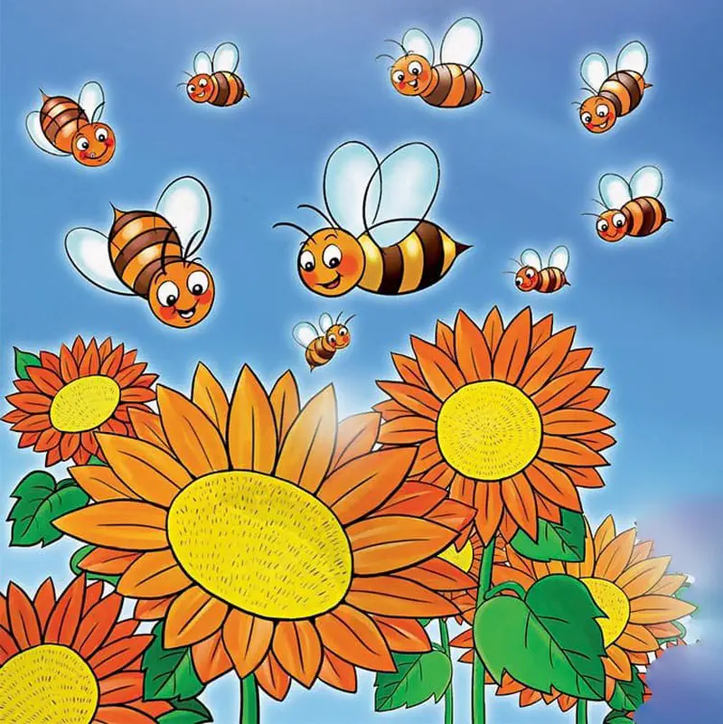 Many happy cartoon bees with brown and orange stripes fly above large orange sunflowers with yellow centers in a sunny garden.