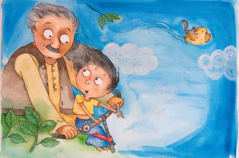 Grandfather with gray hair and mustache helps a young boy ride a scooter outdoors while a yellow duck swims in water nearby.