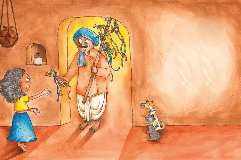 Man in blue turban holding colorful bird toys on a stick gives one to a girl while a dog and cat watch in an earthy-toned room.