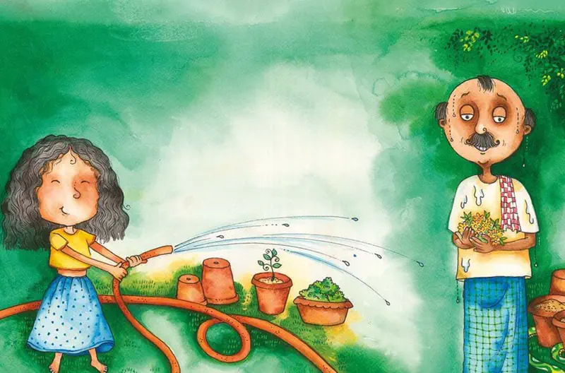 Girl with curly hair waters potted plants with a hose while a man with mustache holds yellow flowers in a lush green garden.