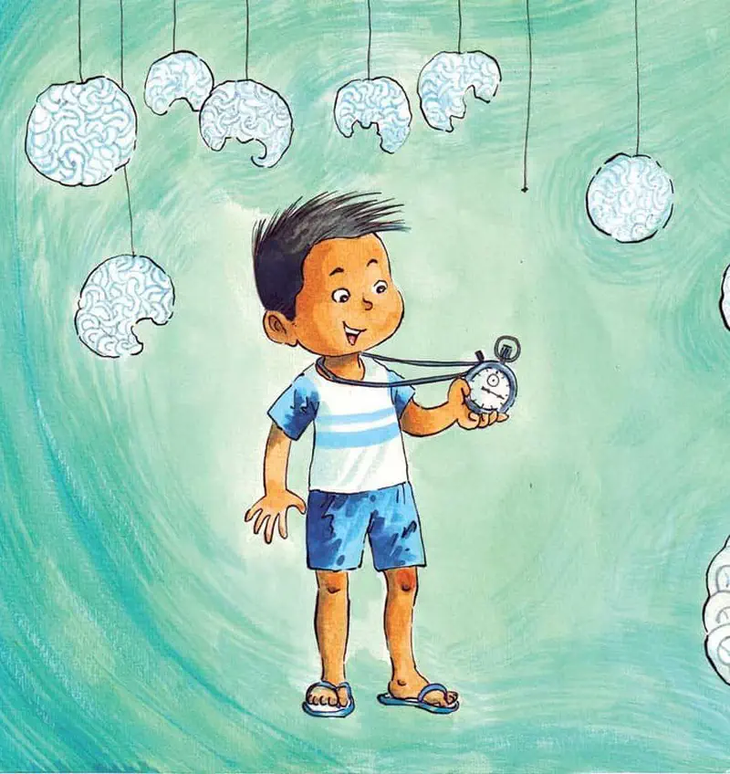 Boy in blue striped shirt holds a stopwatch while standing among kerupuk crackers hanging from strings on a swirly green background.