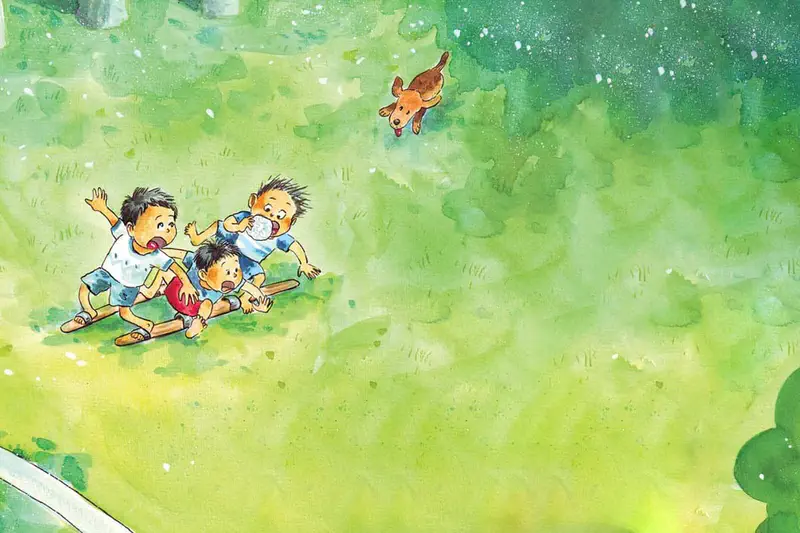 Three boys tumble together on green grass during a three-legged race while a brown dog runs nearby at a festive event.